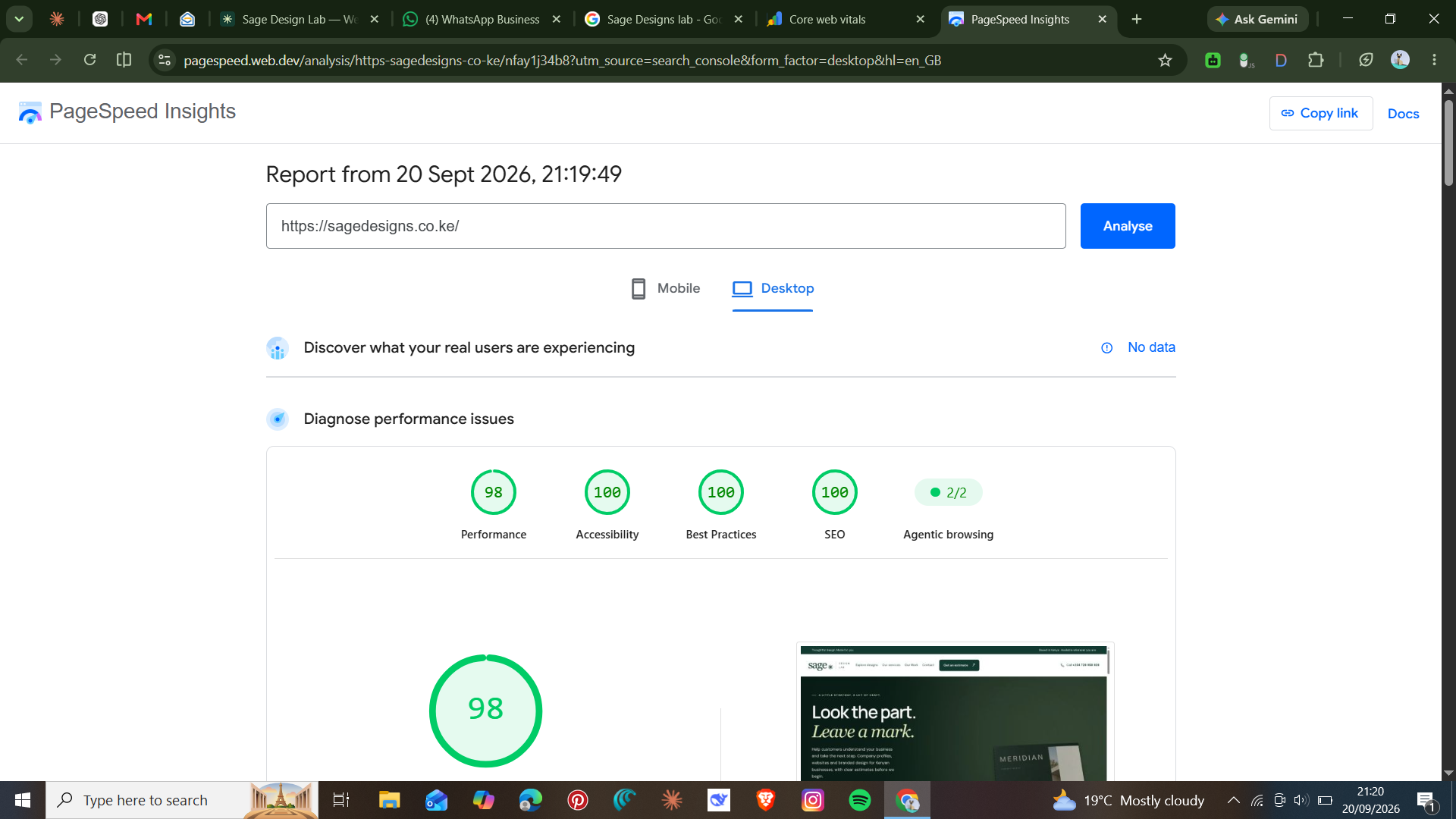 Sage Design Lab desktop PageSpeed Insights report from 20 September 2026: Performance 98, Accessibility 100, Best Practices 100 and SEO 100